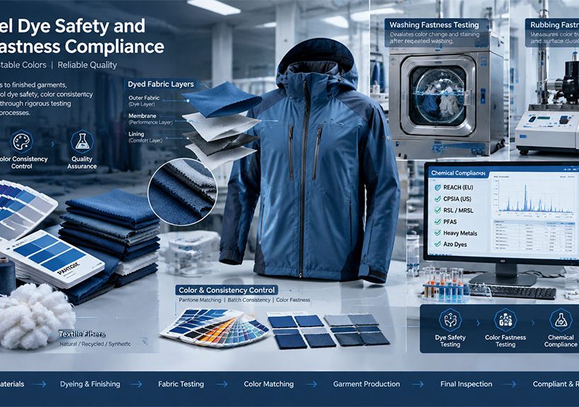 Apparel dye safety and colorfastness compliance showing fabric testing, color matching, chemical inspection and quality control processes for OEM production