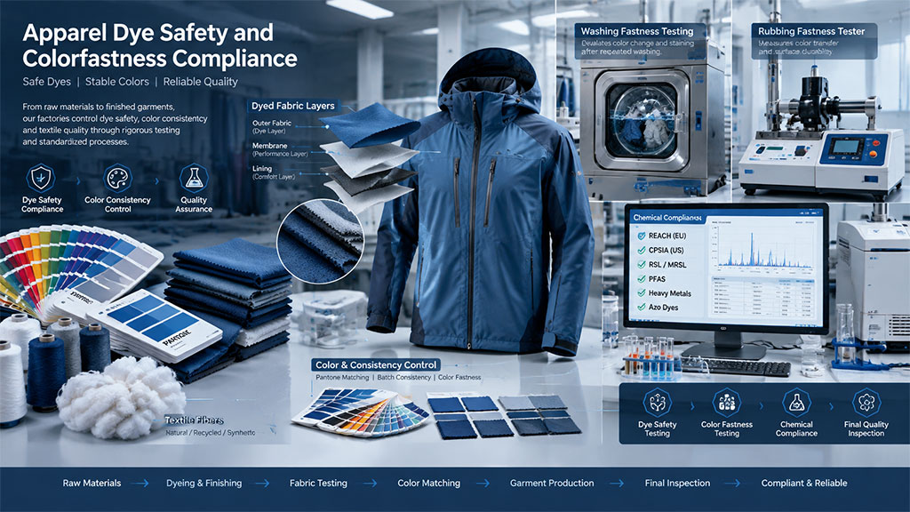 Apparel dye safety and colorfastness compliance showing fabric testing, color matching, chemical inspection and quality control processes for OEM production