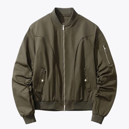 Army green deconstructed MA-1 bomber jacket with rib-knit collar, front zip, sleeve pocket, layered construction and rib-knit cuffs and hem