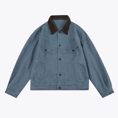 Front view of the blue sand washed vintage Detroit jacket featuring a cropped boxy fit, corduroy contrast collar, and adjustable button cuffs. Custom fabric, fit, and private label options available.