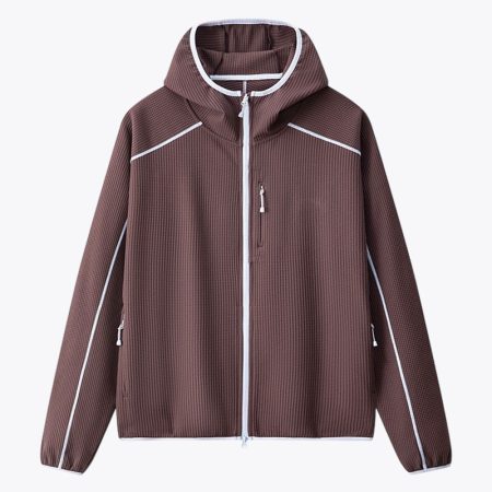 Front view of the coffee technical mesh full zip hooded jacket featuring a waffle texture, adjustable hood with piping detail, chest zip pocket, and side zip pockets. Custom fabric, fit, and private label options available.