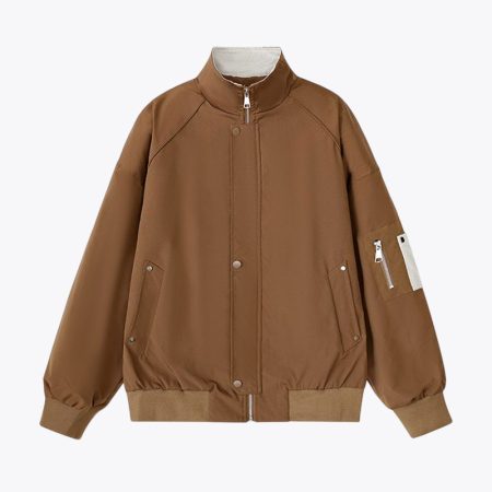 Coffee unisex retro bomber jacket with stand collar, front zipper, ribbed cuffs and sleeve utility detail