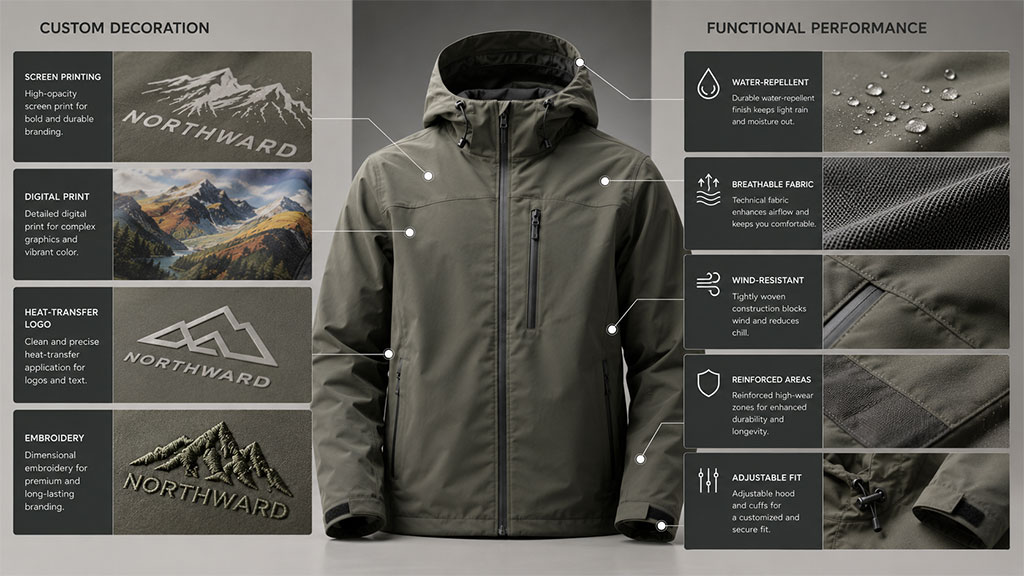 Gray jacket with decoration and performance callouts representing customizable OEM apparel features