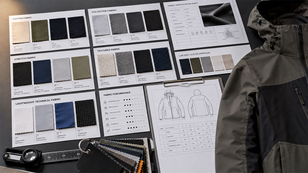 Fabric swatches and specification sheets representing custom fabric development for OEM apparel