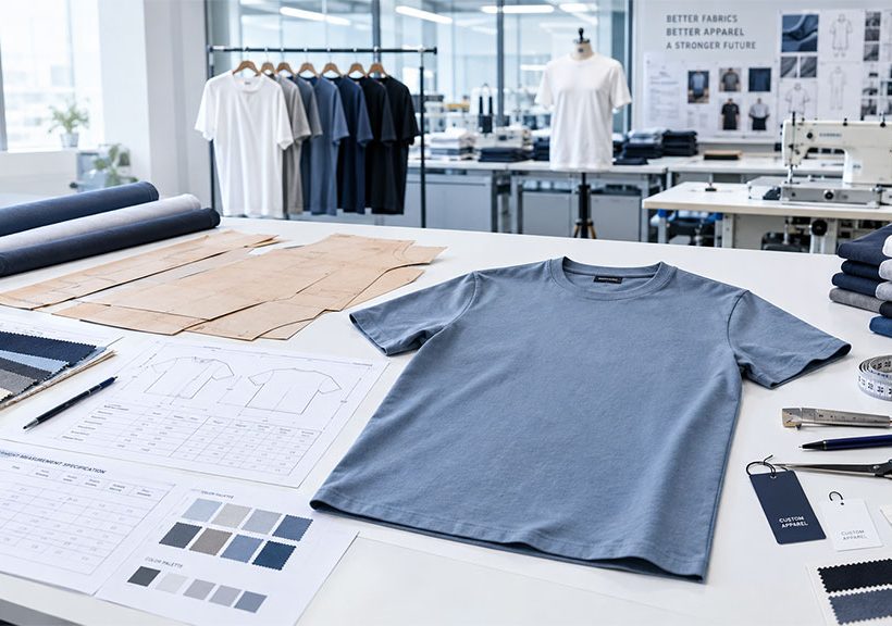 Custom t-shirt manufacturing case study showing fabric selection, pattern development, tech packs, samples and production preparation