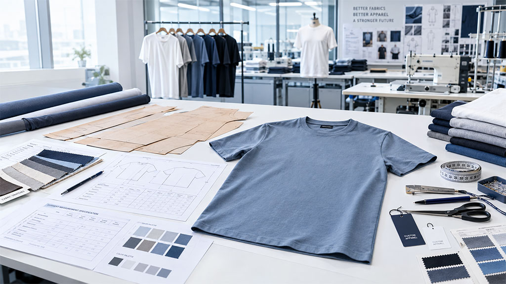 Custom t-shirt manufacturing case study showing fabric selection, pattern development, tech packs, samples and production preparation