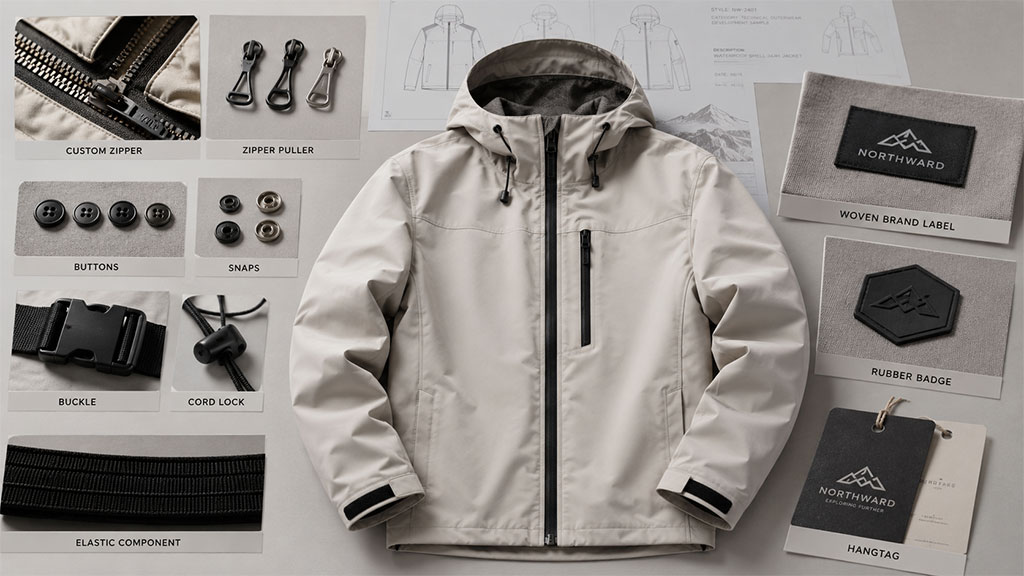 Custom labels, trims and branding components arranged around an OEM jacket design