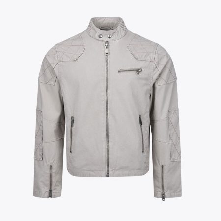 Gray quilted moto biker jacket with diamond stitching on shoulders, stand collar, and multiple zip pockets