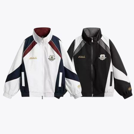 Black and white color block embroidery racer track jackets with contrast sleeve panels, stand collar and chest embroidery by Simmerui
