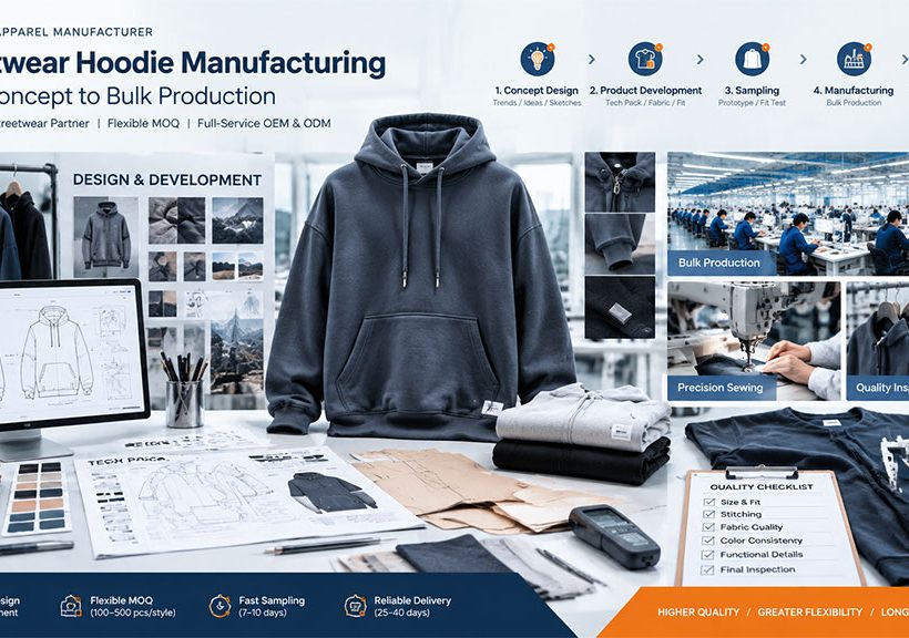 Streetwear hoodie manufacturing process showing OEM design, product development, sampling, bulk production and quality inspection
