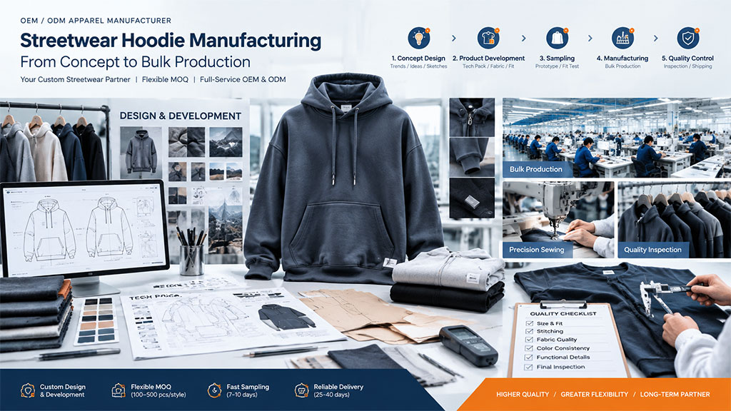 Streetwear hoodie manufacturing process showing OEM design, product development, sampling, bulk production and quality inspection