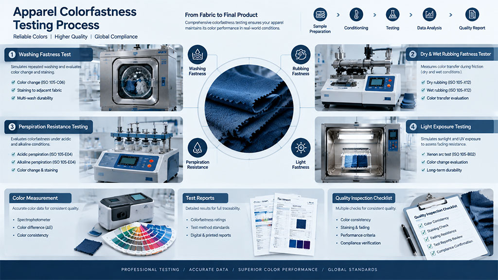 Textile colorfastness testing process showing washing, rubbing, perspiration and light exposure tests with quality inspection reports