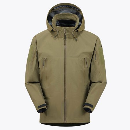 Alligator Yellow waterproof hard shell jacket featuring tactical arm velcro patches, multiple zippered pockets, and an adjustable hood for outdoor activities.