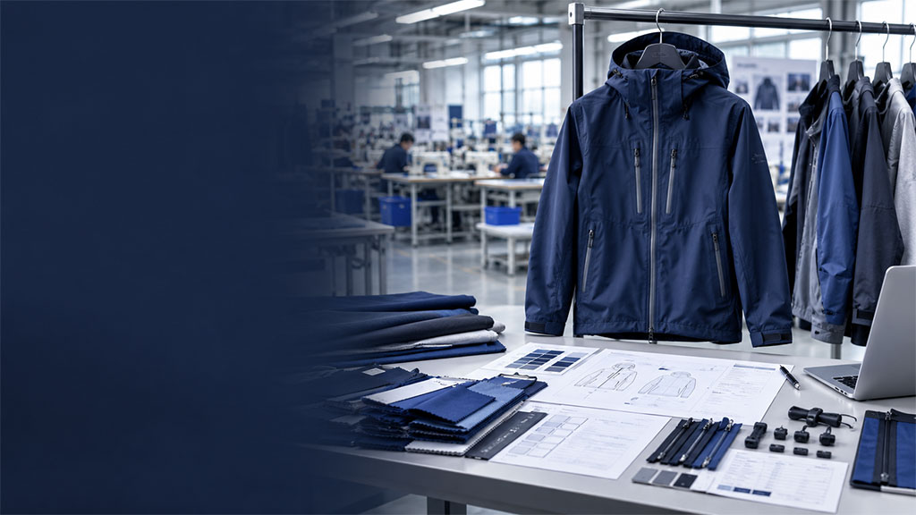 OEM garment manufacturing setup showcasing technical jacket with fabric swatches, tech packs, and trims, with production factory in background.