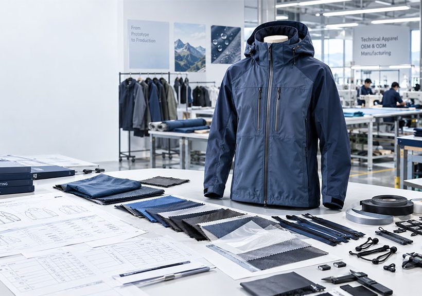 Outdoor apparel development and OEM manufacturing setup featuring a technical jacket, fabric swatches, tech packs, zippers and trims for prototype sampling and production.