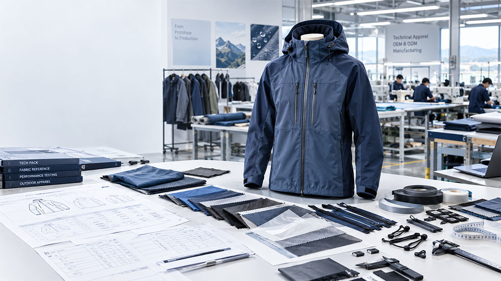 Outdoor apparel development and OEM manufacturing setup featuring a technical jacket, fabric swatches, tech packs, zippers and trims for prototype sampling and production.