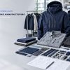 Private label clothing manufacturing desk setup featuring apparel tech packs, fabric swatches, and hardware accessories, illustrating the process of building a scalable fashion collection.