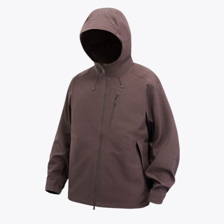 Sapanwood purple men's hooded soft shell jacket front view, featuring a relaxed fit, full zip closure, and durable outdoor fabric texture.