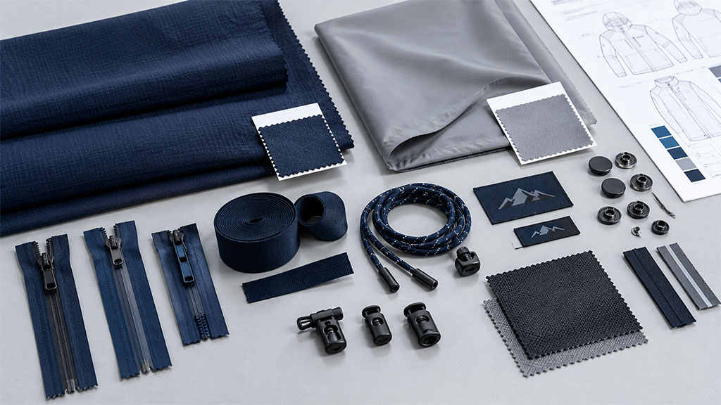 Technical fabrics, zippers, lining, and garment trims used to calculate apparel manufacturing costs