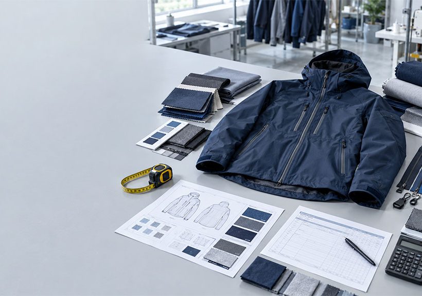Apparel manufacturing cost planning with technical jacket samples, fabric swatches, and production materials