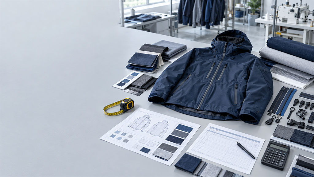 Apparel manufacturing cost planning with technical jacket samples, fabric swatches, and production materials