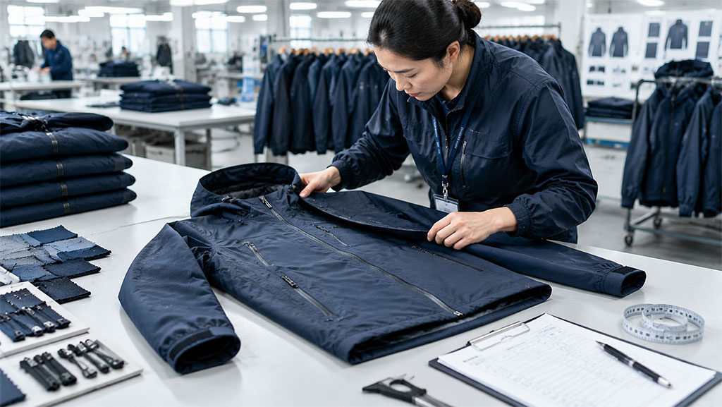 Quality control inspection of a technical outdoor jacket before bulk production