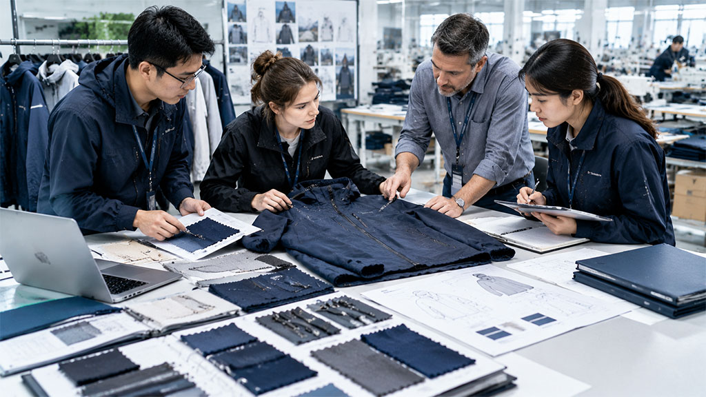 Diverse apparel supply chain team reviewing jacket samples, fabric swatches, and tech packs together to ensure manufacturing transparency and quality alignment.