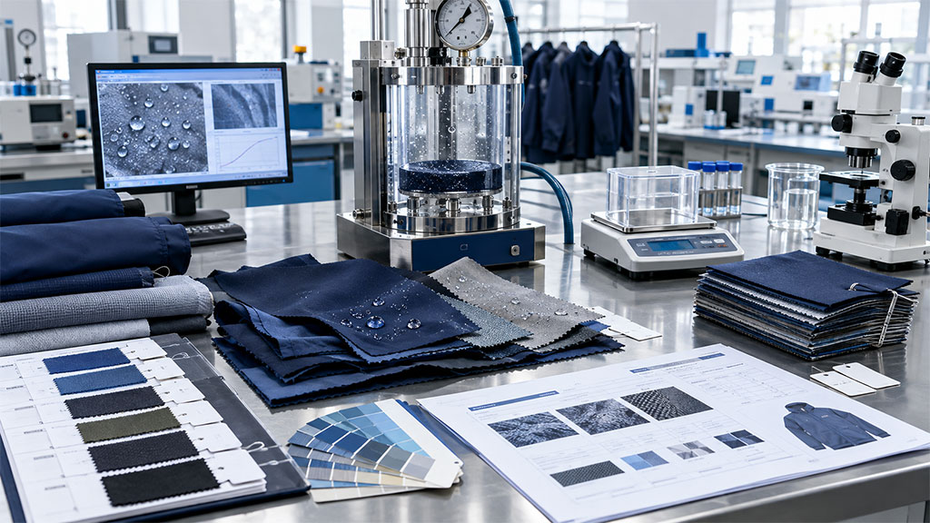 Professional apparel material testing lab showcasing fabric quality control with waterproof fabric tests, lab instruments, fabric swatches, and color charts.