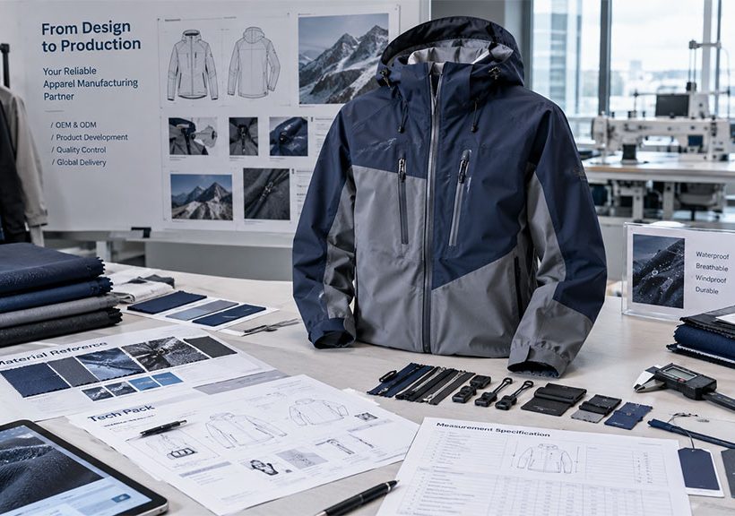 Overview of the apparel manufacturing process showing design tech packs, fabric swatches, hardware accessories, and a finished jacket on a worktable.