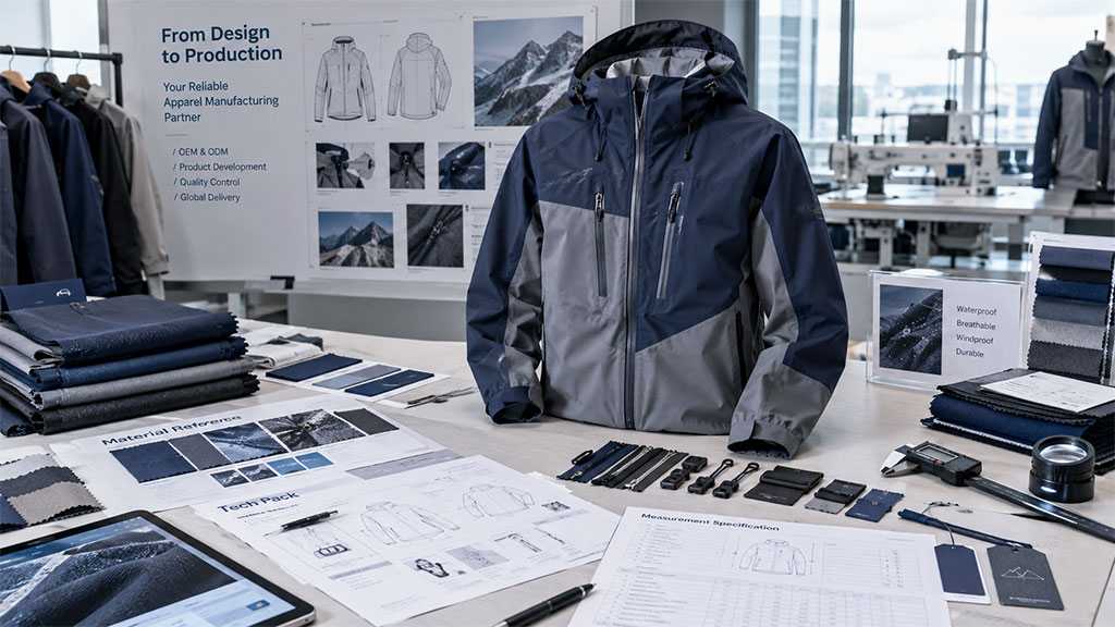 Overview of the apparel manufacturing process showing design tech packs, fabric swatches, hardware accessories, and a finished jacket on a worktable.