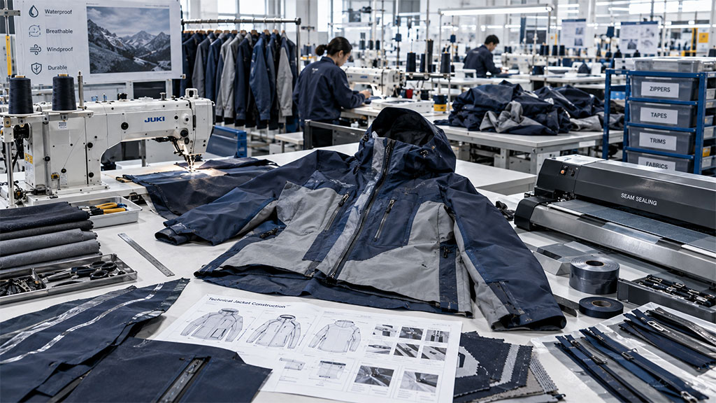 Busy apparel manufacturing workshop featuring JUKI sewing machines, seam sealing equipment, technical construction drawings, and workers assembling technical jackets.