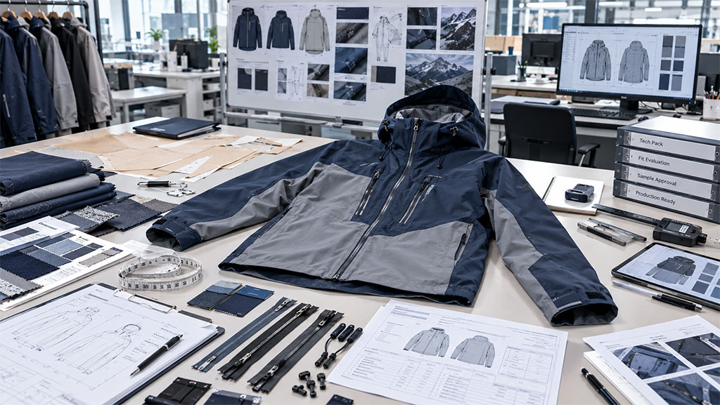 Apparel product development workspace featuring a technical jacket sample, fabric swatches, zippers, tech pack drawings, and digital design files on a monitor.