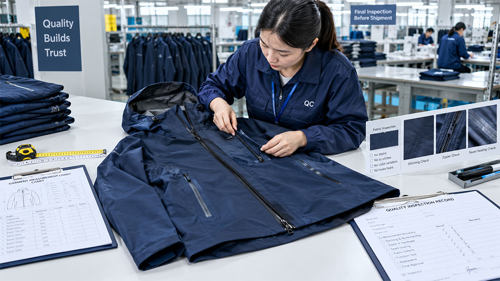 QC inspector performing final garment inspection on a navy softshell jacket, checking zippers and stitching against quality standards and measurement charts.