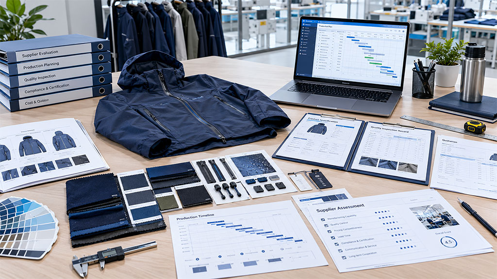 Comprehensive apparel supplier evaluation workspace showing production timeline charts, quality inspection records, fabric swatches, and organized project management binders.