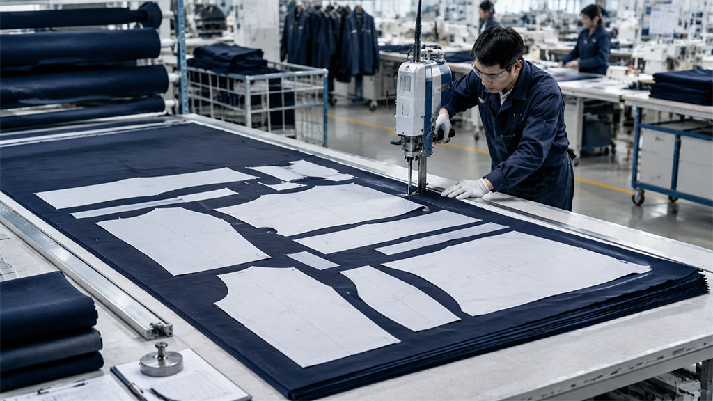 Garment worker using straight knife cutter for fabric cutting on a spreading table, demonstrating precise fabric marker layout and waste reduction in apparel production.