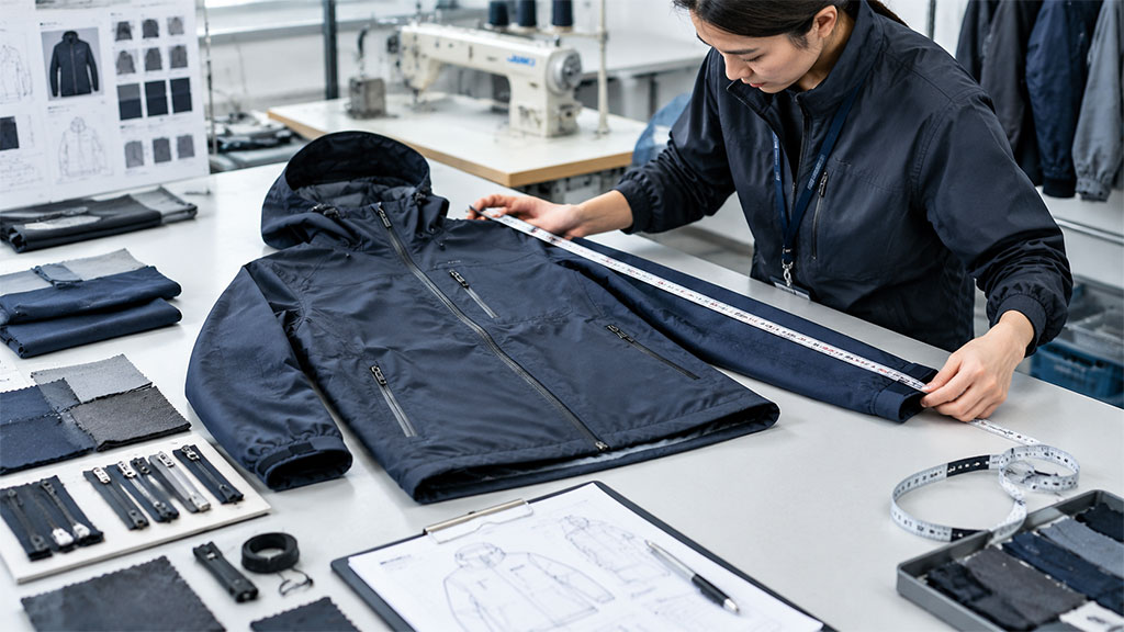 Technician checking fit and construction of an outdoor jacket sample