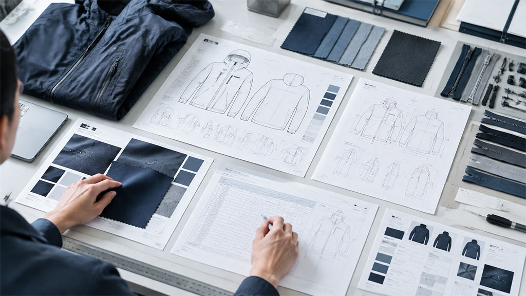 Apparel tech pack, garment sketches, and material specifications
