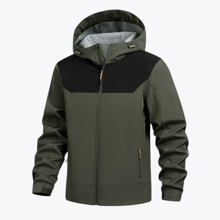 Front view of the army green men's fleece lined softshell jacket with adjustable hood and half-zip pullover design.