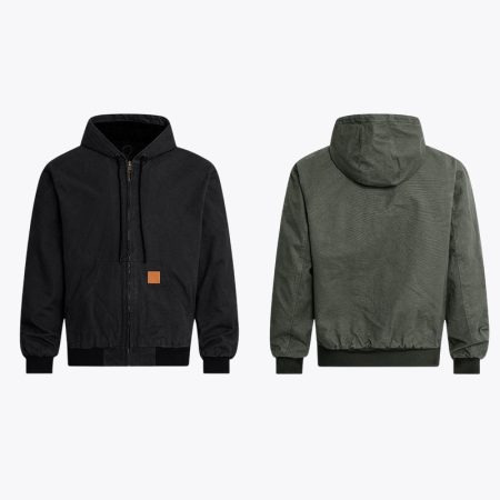 Front and back view of custom washed distressed hooded utility jackets in black and green cotton canvas, showing vintage streetwear details for OEM workwear.