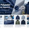 Infographic comparing nylon vs polyester for technical apparel, featuring a durability chart, fabric testing lab scenes, OEM jacket examples, and production workflow steps.