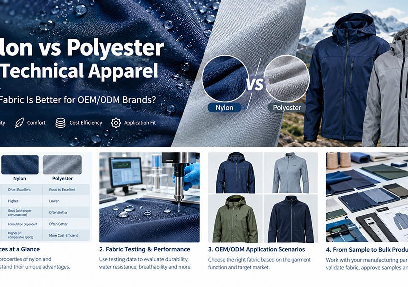 Infographic comparing nylon vs polyester for technical apparel, featuring a durability chart, fabric testing lab scenes, OEM jacket examples, and production workflow steps.