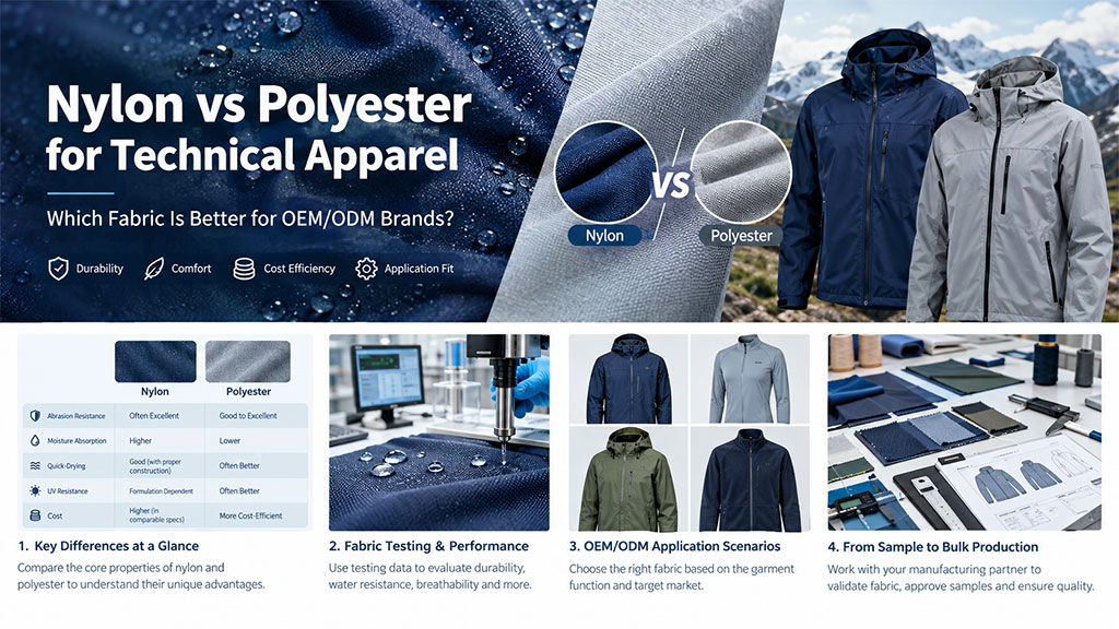 Infographic comparing nylon vs polyester for technical apparel, featuring a durability chart, fabric testing lab scenes, OEM jacket examples, and production workflow steps.