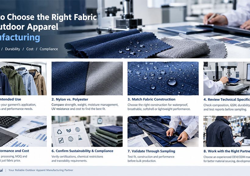 Infographic guide on choosing outdoor apparel fabrics covering performance, durability, cost, and compliance for OEM manufacturing partners.