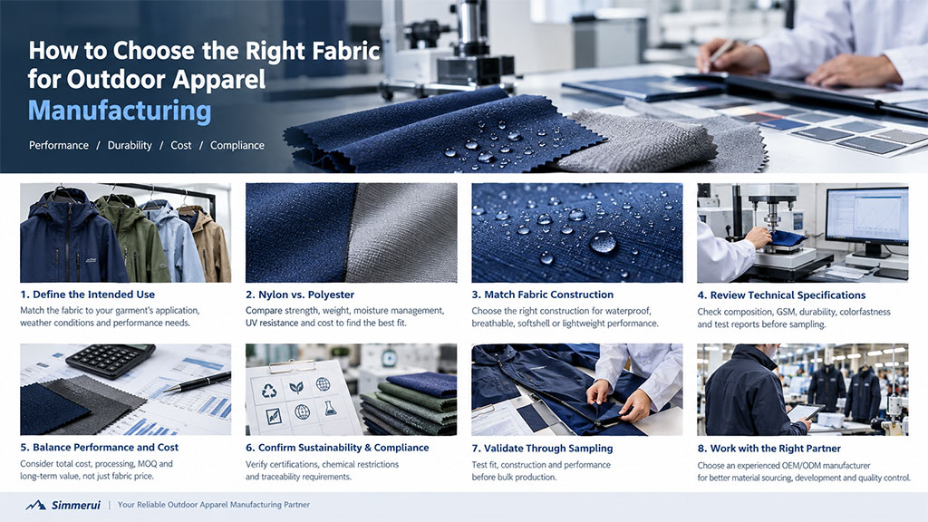 Infographic guide on choosing outdoor apparel fabrics covering performance, durability, cost, and compliance for OEM manufacturing partners.