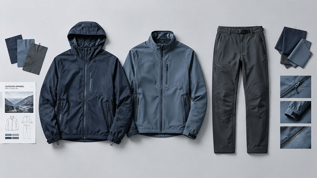 Coordinated outdoor apparel collection for a startup clothing brand