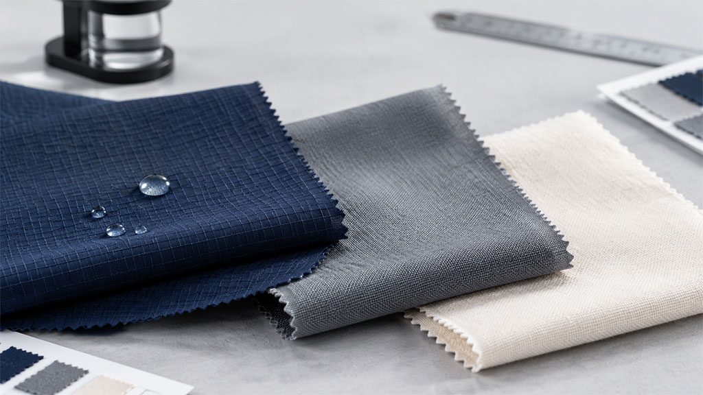 Close-up of sustainable functional fabric swatches in navy, grey, and beige showing water-repellent finish, with magnifying glass and color chart for textile sourcing.