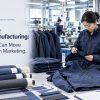 Sustainable apparel manufacturing blog cover showing a factory inspector checking jacket quality alongside fabric rolls and textile samples on the production floor.