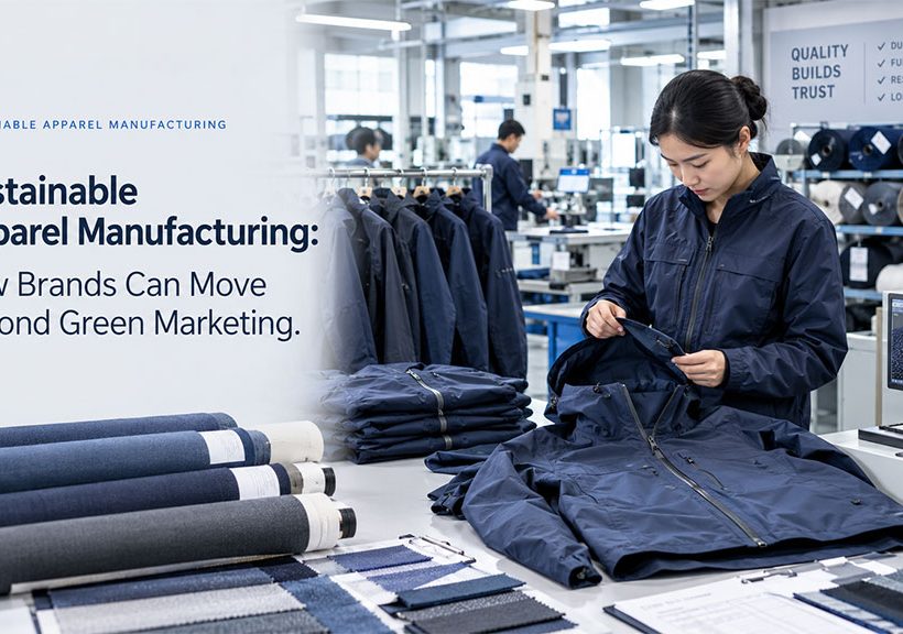Sustainable apparel manufacturing blog cover showing a factory inspector checking jacket quality alongside fabric rolls and textile samples on the production floor.