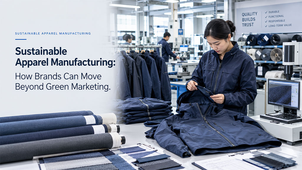 Sustainable apparel manufacturing blog cover showing a factory inspector checking jacket quality alongside fabric rolls and textile samples on the production floor.