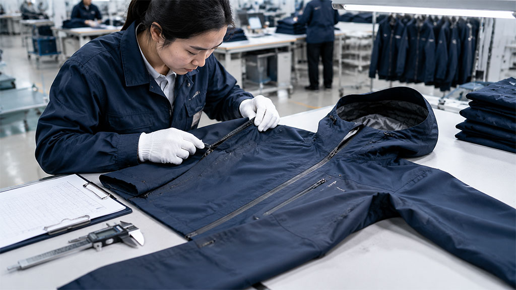 Quality control inspector checking a navy jacket on the production line, using calipers for precise measurement to ensure sustainable apparel manufacturing standards.